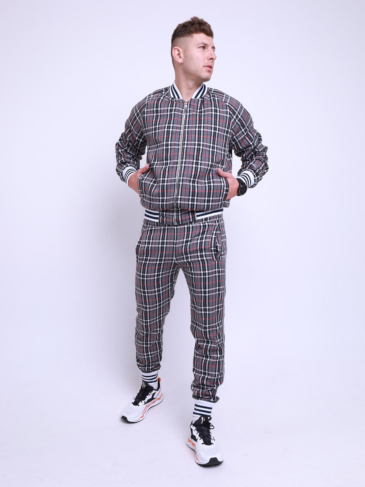 Grey Tartan Gentlemen Tracksuit — tartan bomber jacket and joggers, front view