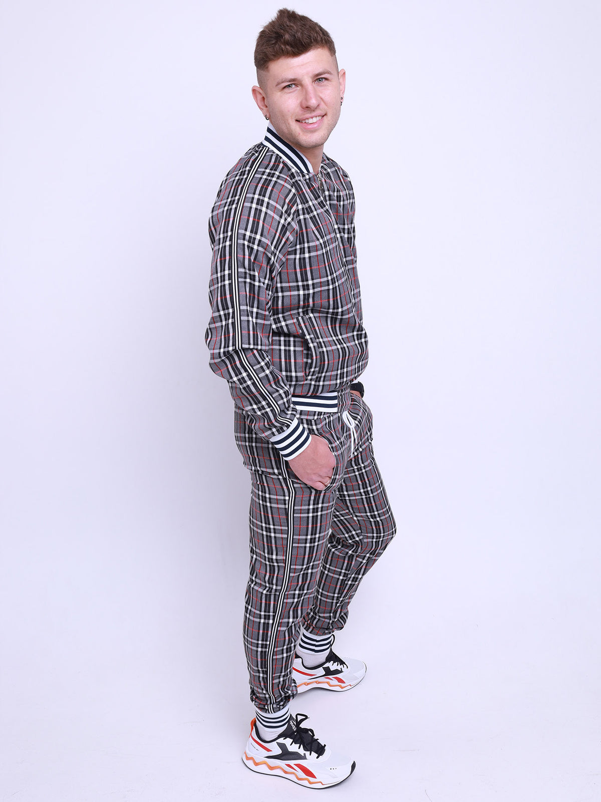 Grey Tartan Gentlemen Tracksuit — three-quarter front view