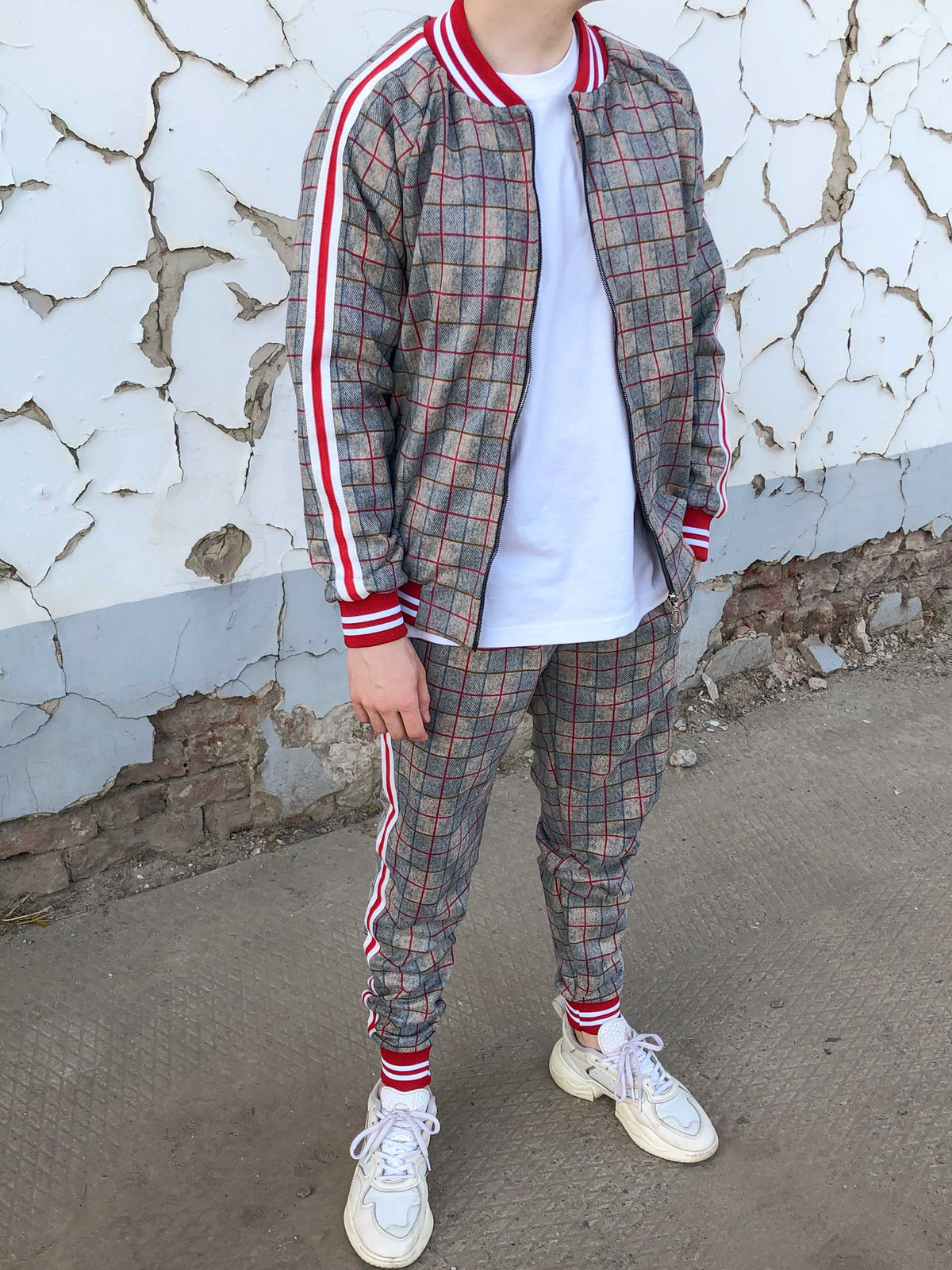 The Gentlemen Plaid Tracksuit — plaid bomber jacket and joggers, front view, jacket open