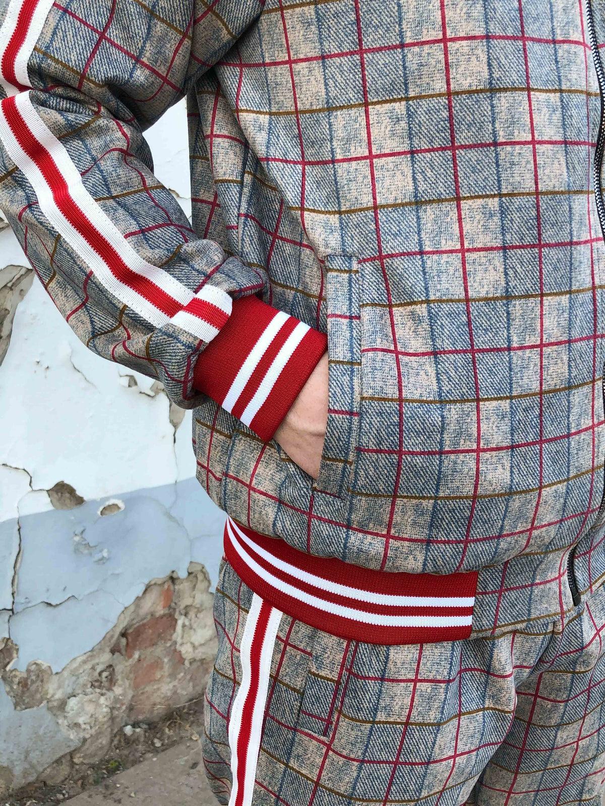 The Gentlemen Plaid Tracksuit — close-up of the cuff and pocket
