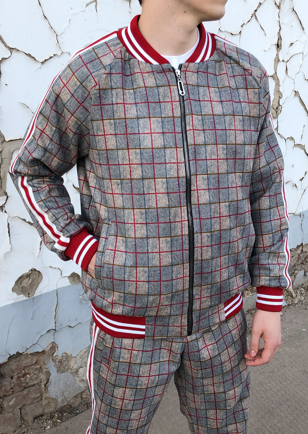 The Gentlemen Plaid Tracksuit — close-up of the bomber jacket
