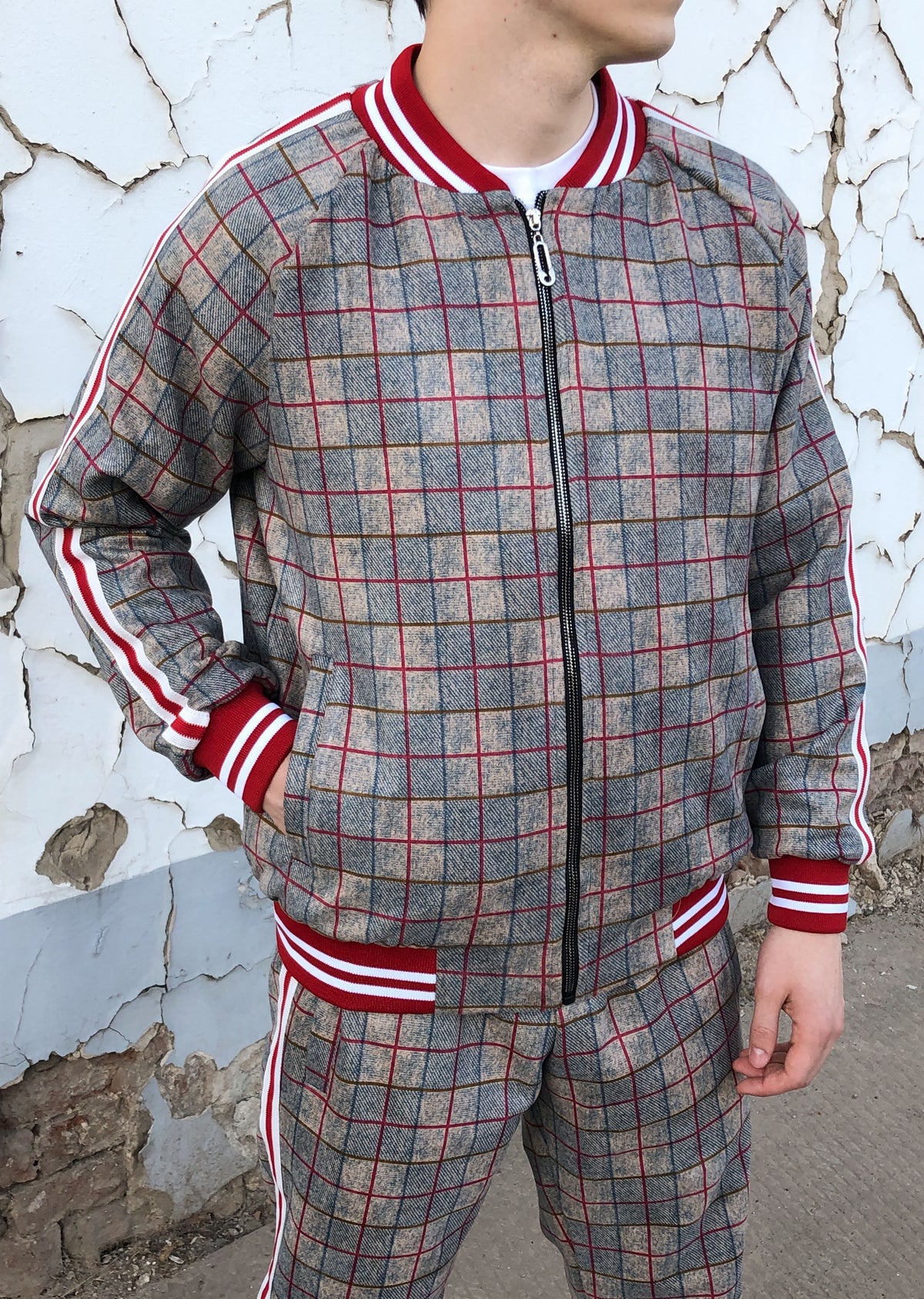 The Gentlemen Plaid Tracksuit — close-up of the bomber jacket