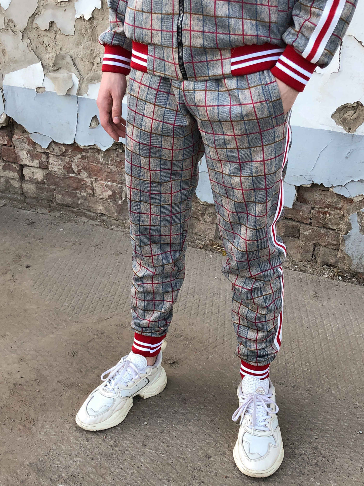 The Gentlemen Plaid Tracksuit — close-up of the joggers