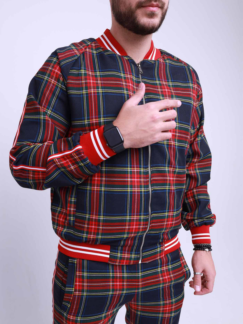 Navy Tartan Gentlemen Tracksuit — close-up of the bomber jacket