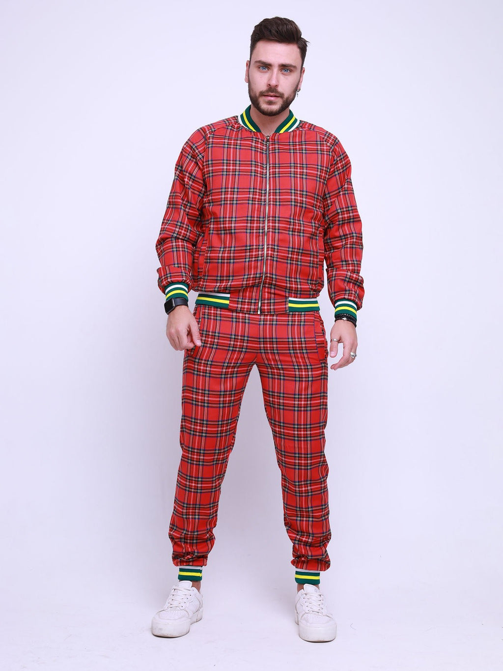 Bright Red Tartan Gentlemen Tracksuit — front view, another angle