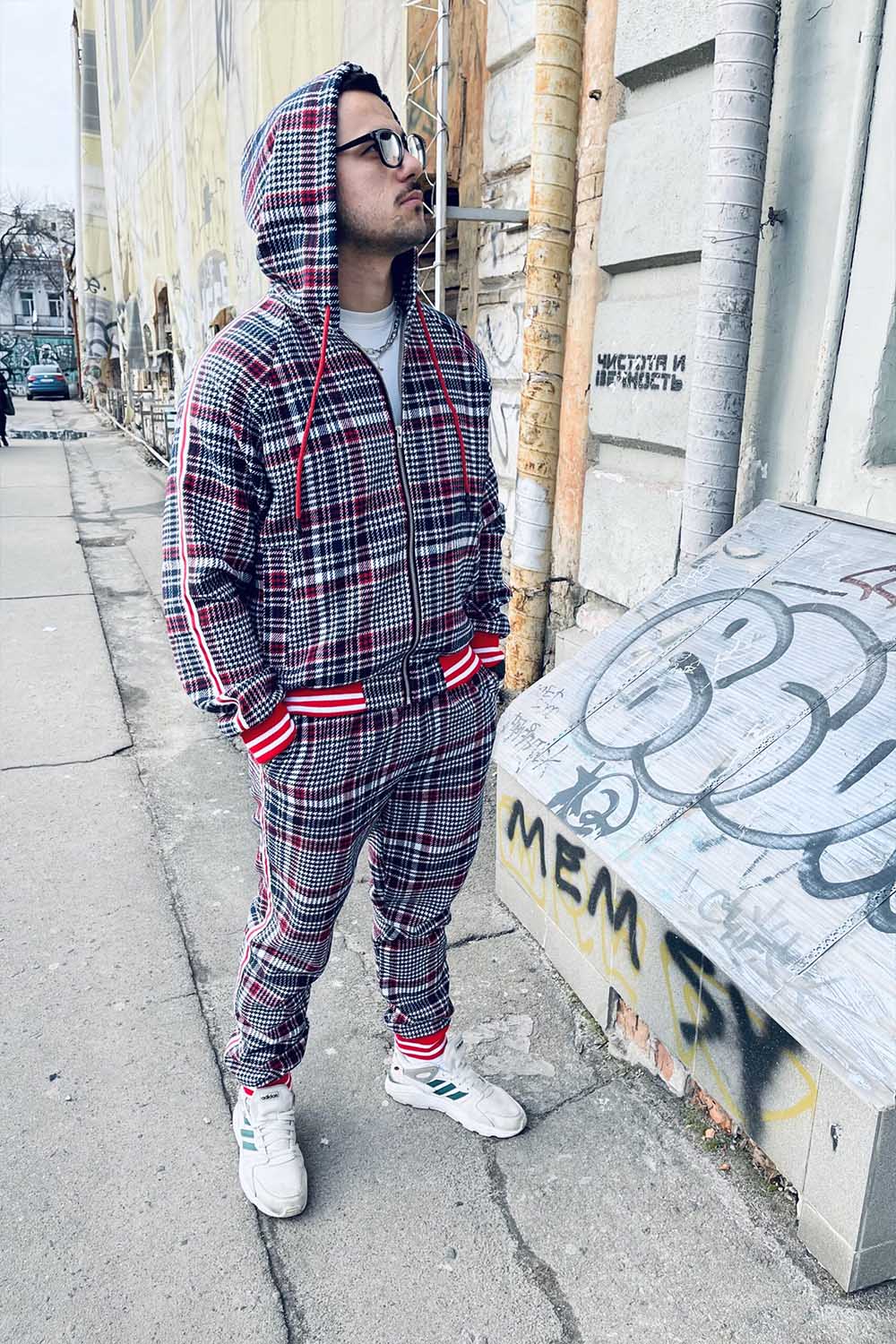 Premium Grey & Red Tartan Hooded Gentlemen Tracksuit — hood up, front view, another angle