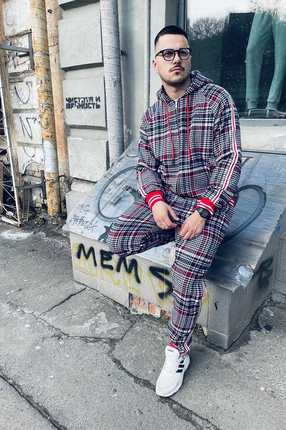 Premium Grey & Red Tartan Hooded Gentlemen Tracksuit — seated pose