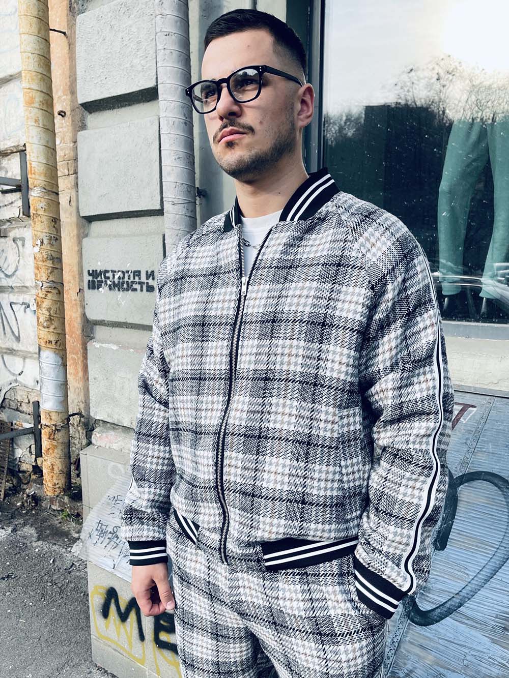 Premium Black & White Glen Plaid Gentlemen Tracksuit — glen plaid bomber jacket and joggers, jacket close-up