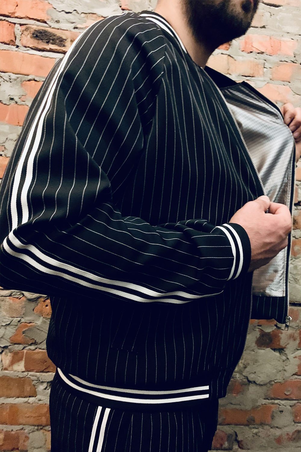 Premium Black Pinstripe Gangster Gentlemen Tracksuit — close-up of the open bomber jacket