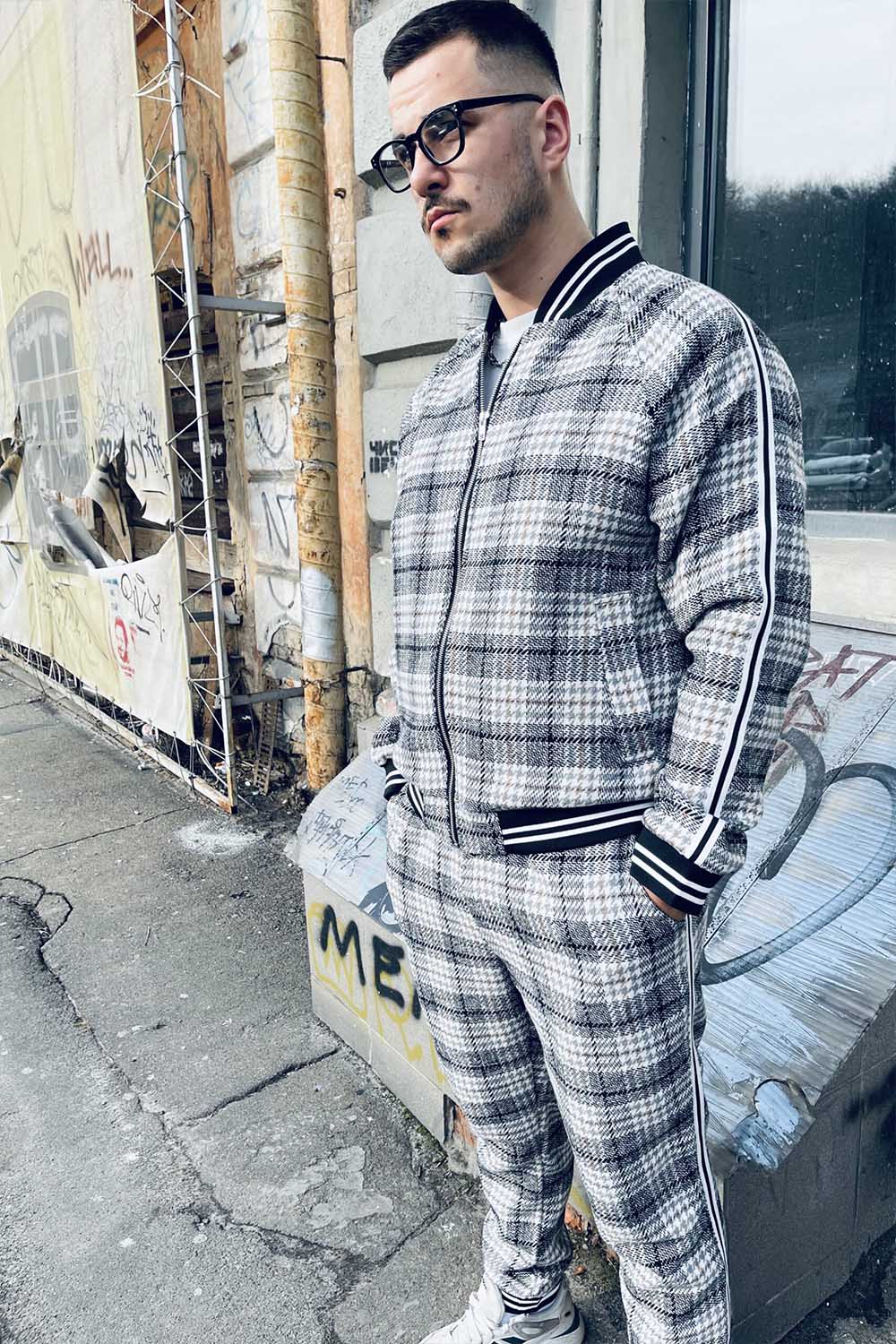 Premium Black & White Glen Plaid Gentlemen Tracksuit — three-quarter front view