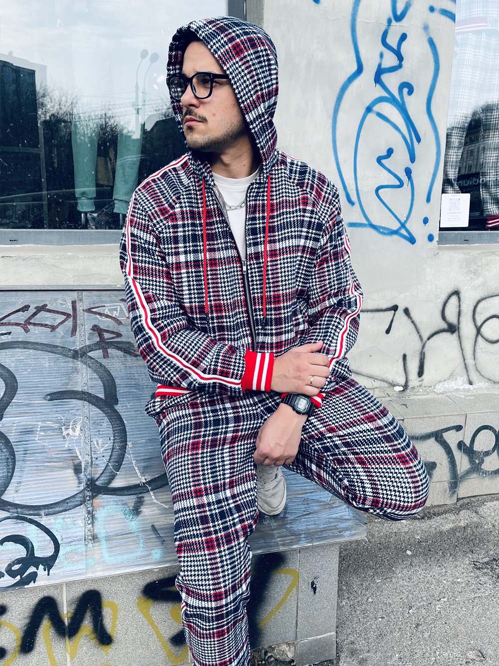 Premium Grey & Red Tartan Hooded Gentlemen Tracksuit — tartan hooded jacket and joggers, hood up, front view