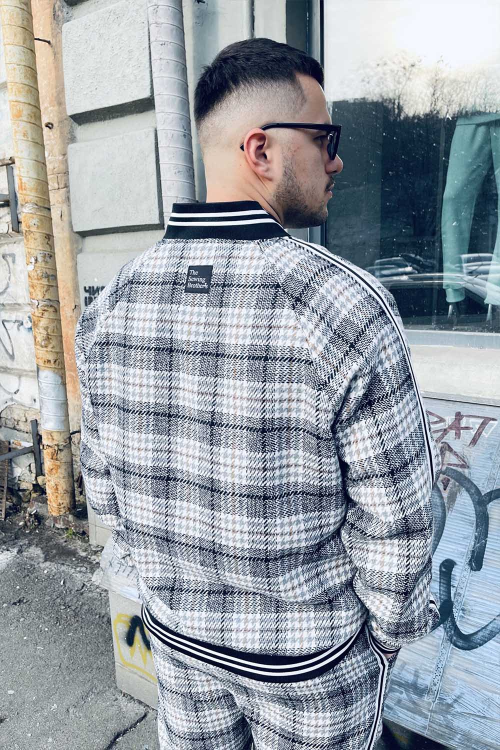 Premium Black & White Glen Plaid Gentlemen Tracksuit — close-up of the jacket back