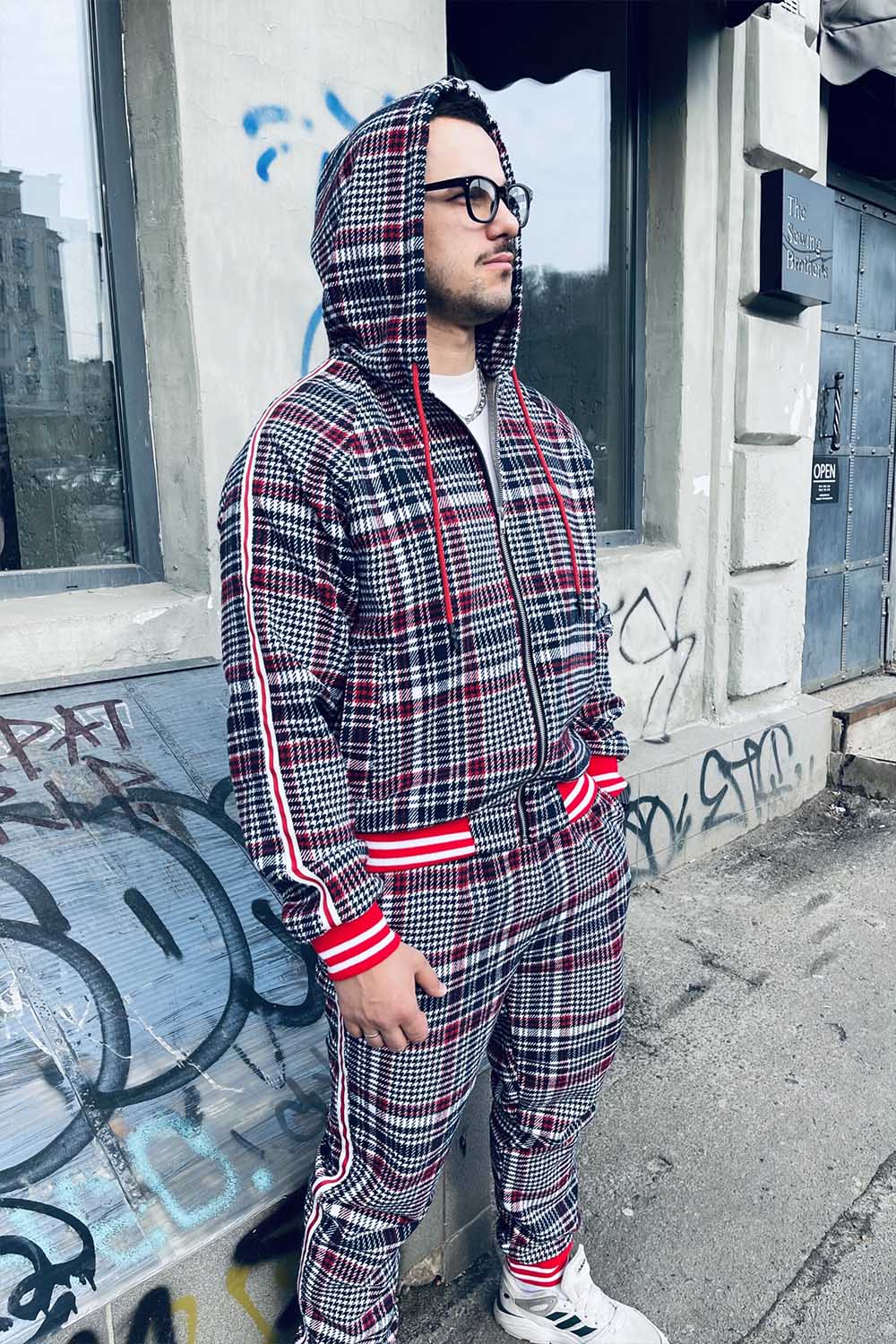 Premium Grey & Red Tartan Hooded Gentlemen Tracksuit — hood up, close-up