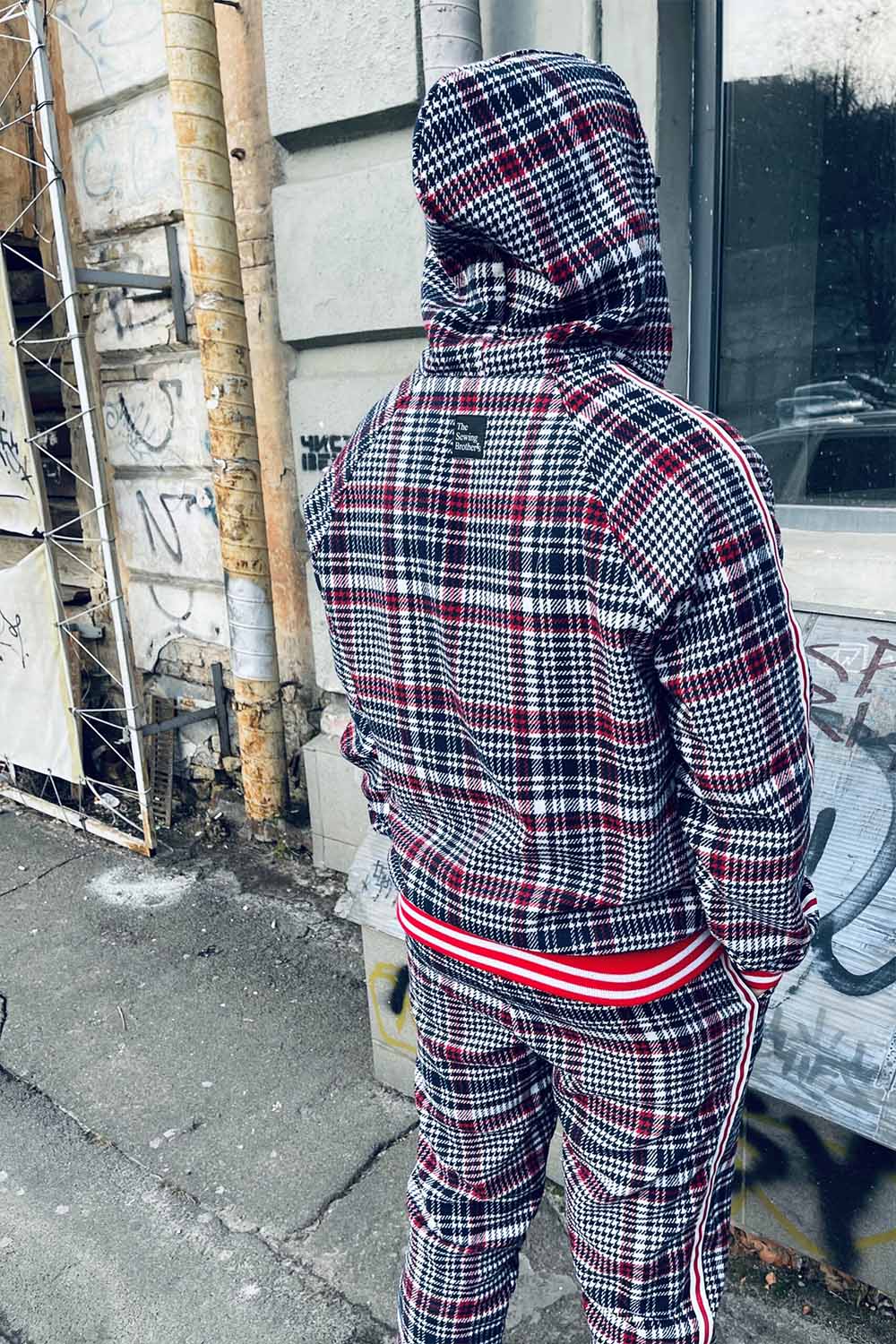 Premium Grey & Red Tartan Hooded Gentlemen Tracksuit — hood up, back view