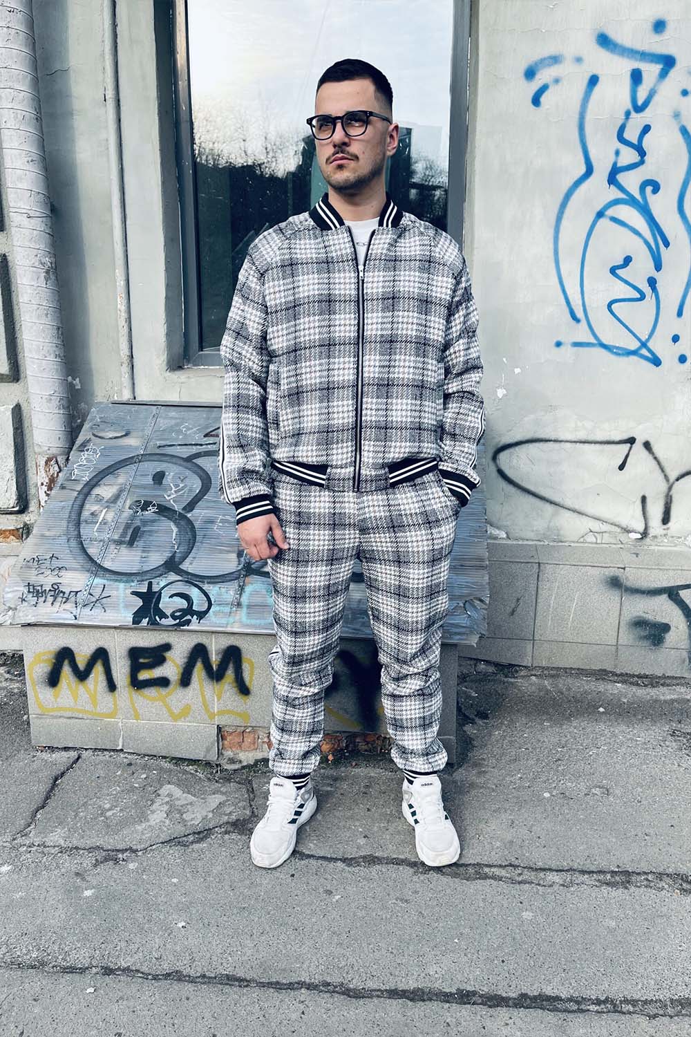Premium Black & White Glen Plaid Gentlemen Tracksuit — front view