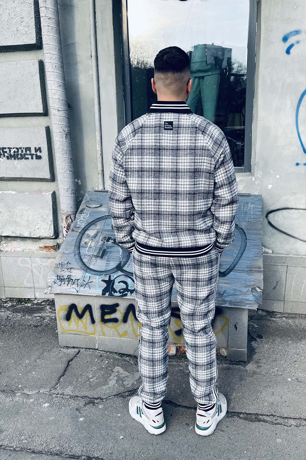 Premium Black & White Glen Plaid Gentlemen Tracksuit — back view