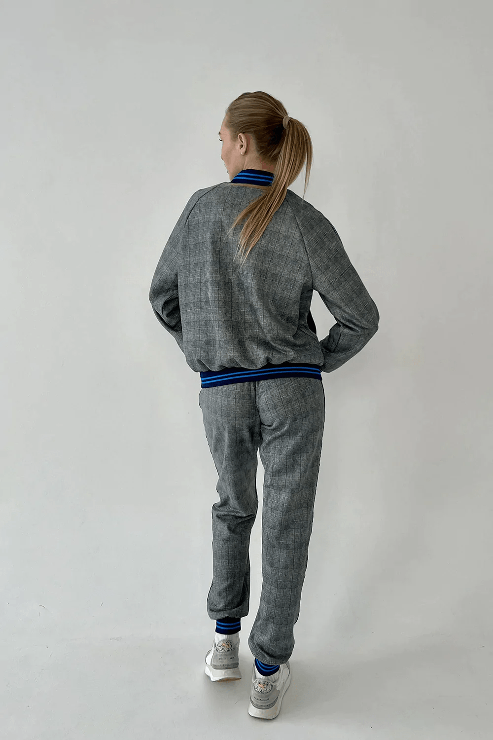 Women's Grey & Blue Glen Plaid Tracksuit — back view