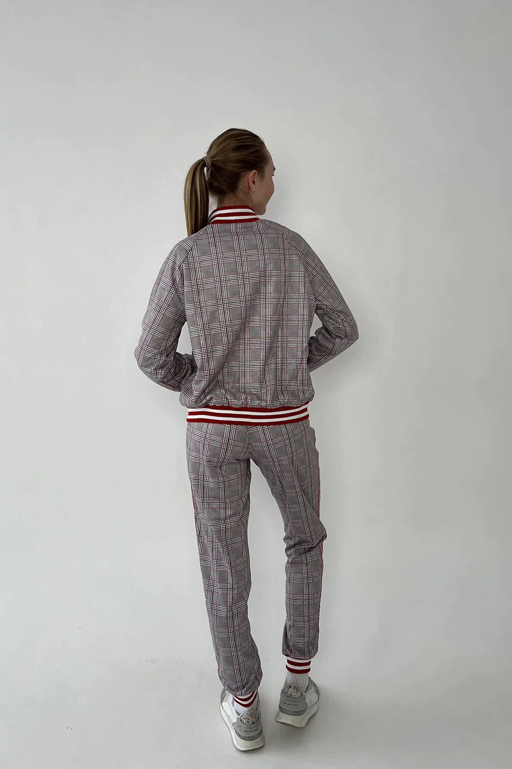 Women's Grey & Red Glen Plaid Tracksuit — back view