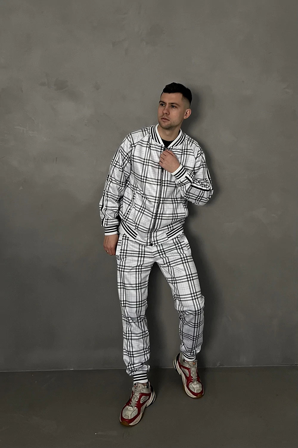 White Colin Farrell Tartan Tracksuit — three-quarter front view
