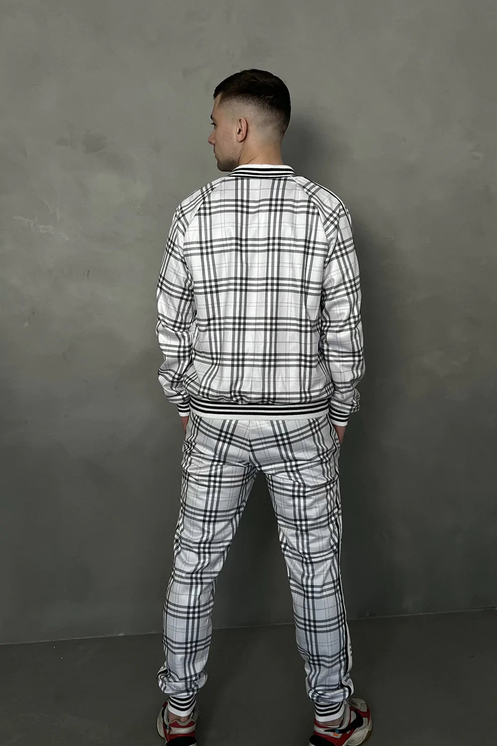 White Colin Farrell Tartan Tracksuit — back view