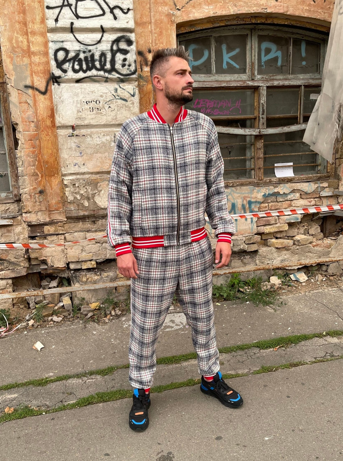 Premium Graphite Checkered Gentlemen Tracksuit — checkered bomber jacket and joggers, front view