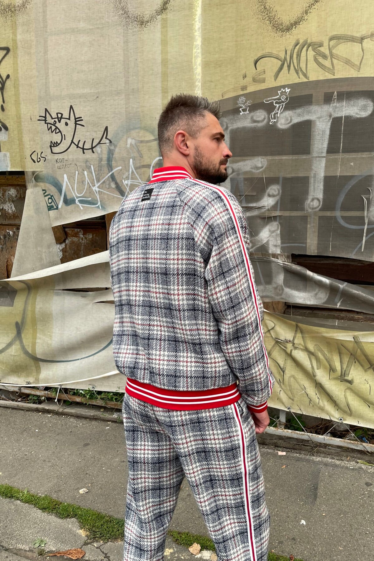 Premium Graphite Checkered Gentlemen Tracksuit — close-up of the bomber jacket