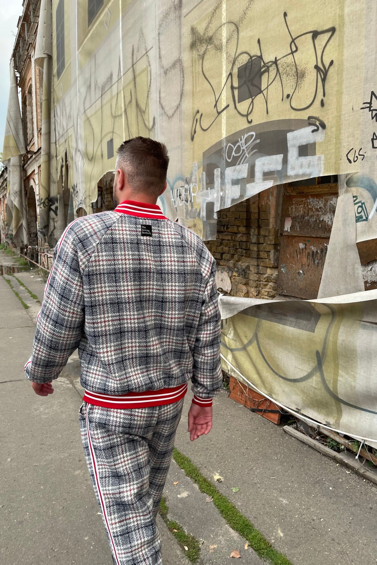 Premium Graphite Checkered Gentlemen Tracksuit — close-up of the jacket back