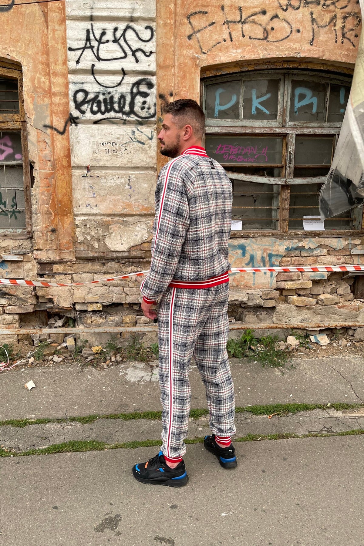 Premium Graphite Checkered Gentlemen Tracksuit — front view, another angle
