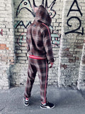 Premium Burgundy Plaid Hooded Gentlemen Tracksuit — plaid hooded jacket and joggers, hood up, full-length back view