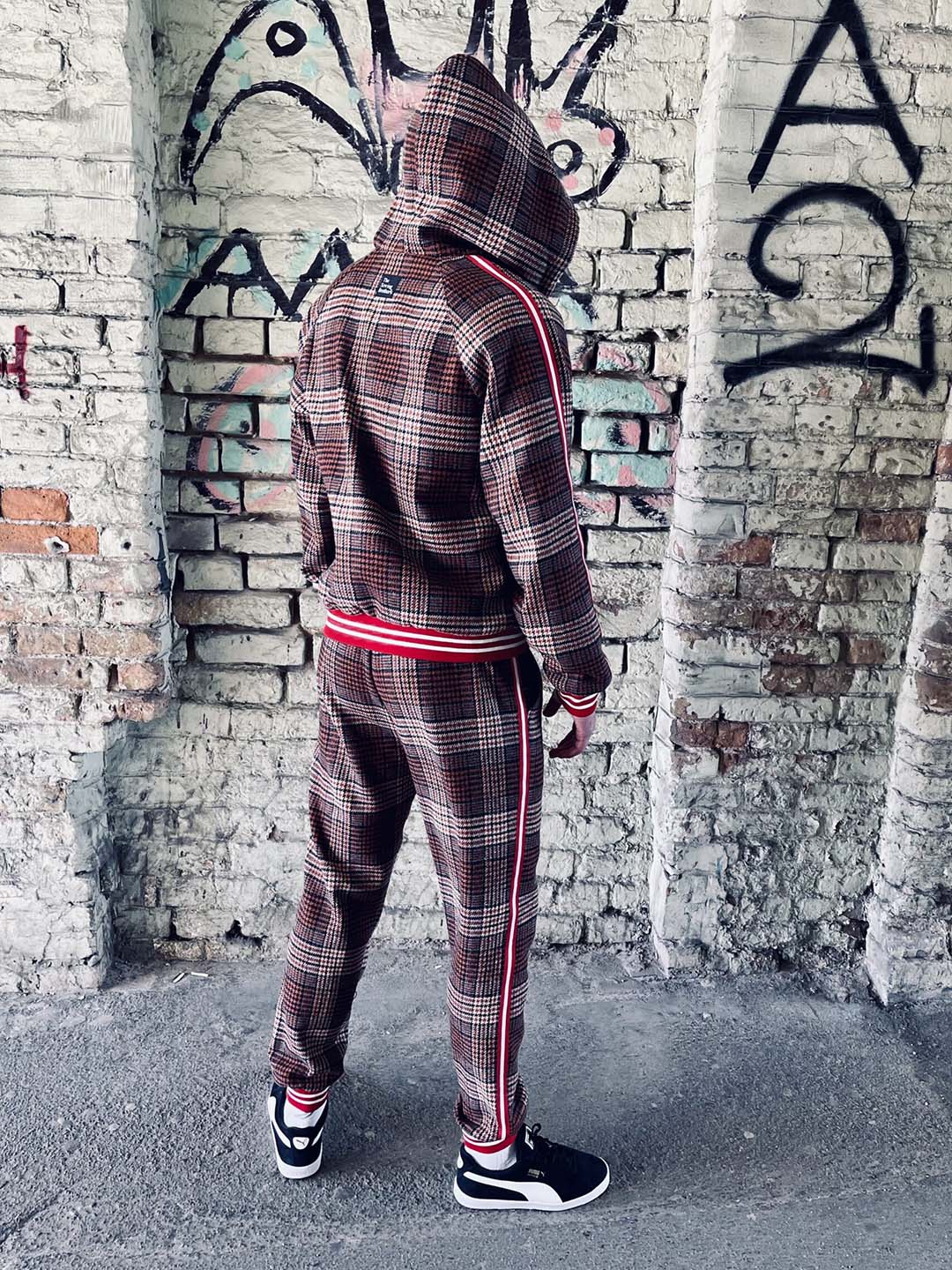 Premium Burgundy Plaid Hooded Gentlemen Tracksuit — plaid hooded jacket and joggers, hood up, full-length back view