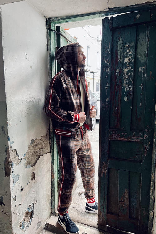 Premium Burgundy Plaid Hooded Gentlemen Tracksuit — hood up, front view