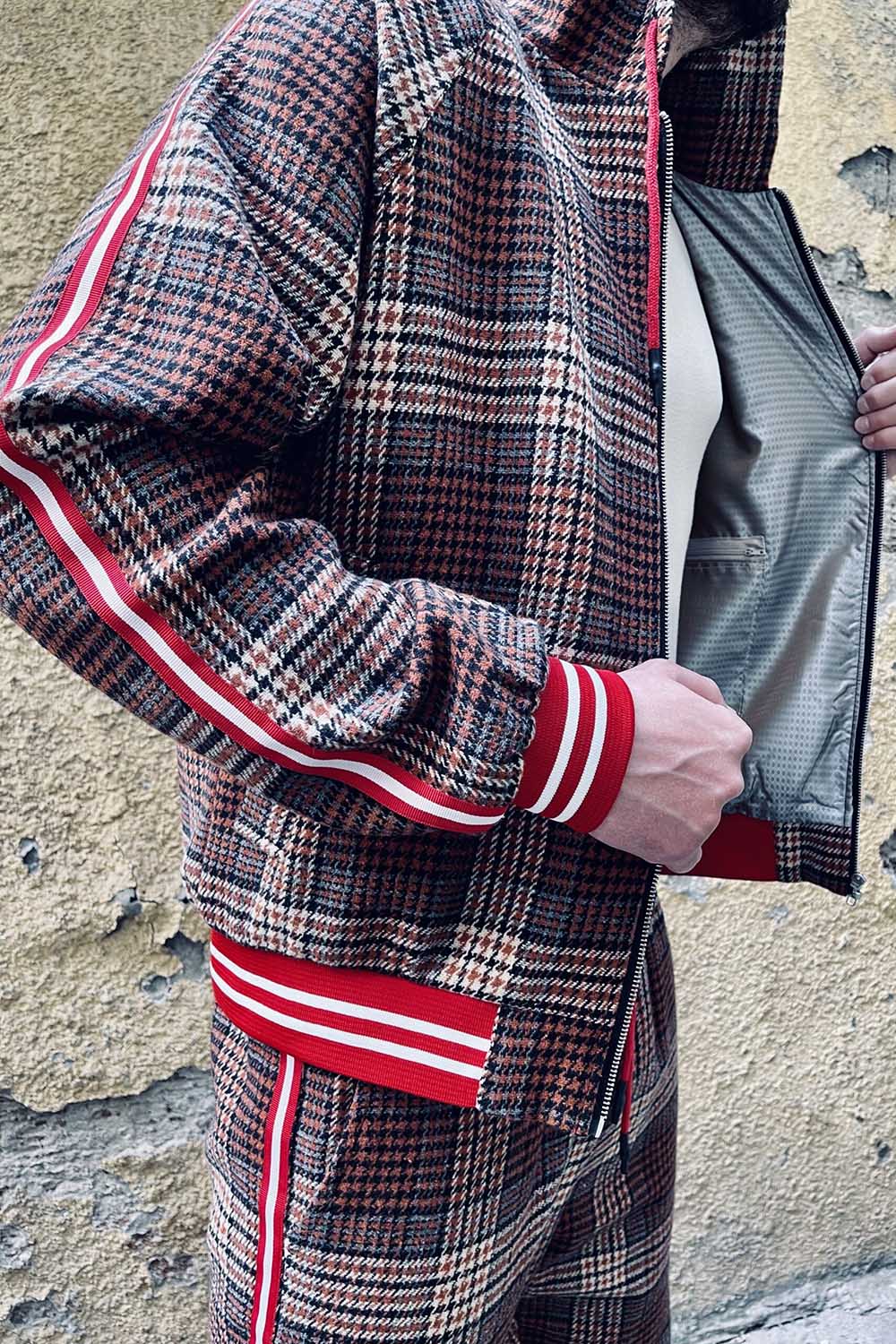Premium Burgundy Plaid Hooded Gentlemen Tracksuit — close-up of the open bomber jacket