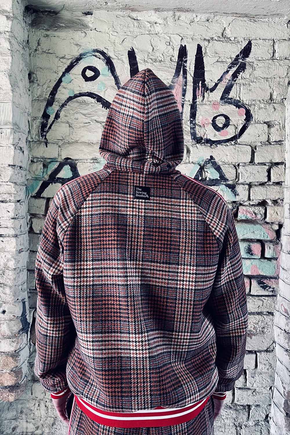 Premium Burgundy Plaid Hooded Gentlemen Tracksuit — close-up of the hood