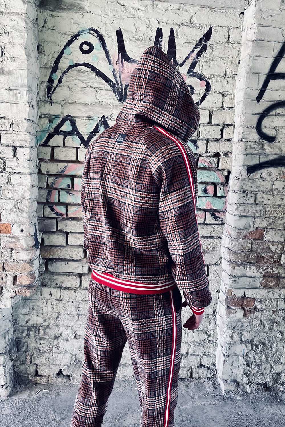 Premium Burgundy Plaid Hooded Gentlemen Tracksuit — hood up, back view