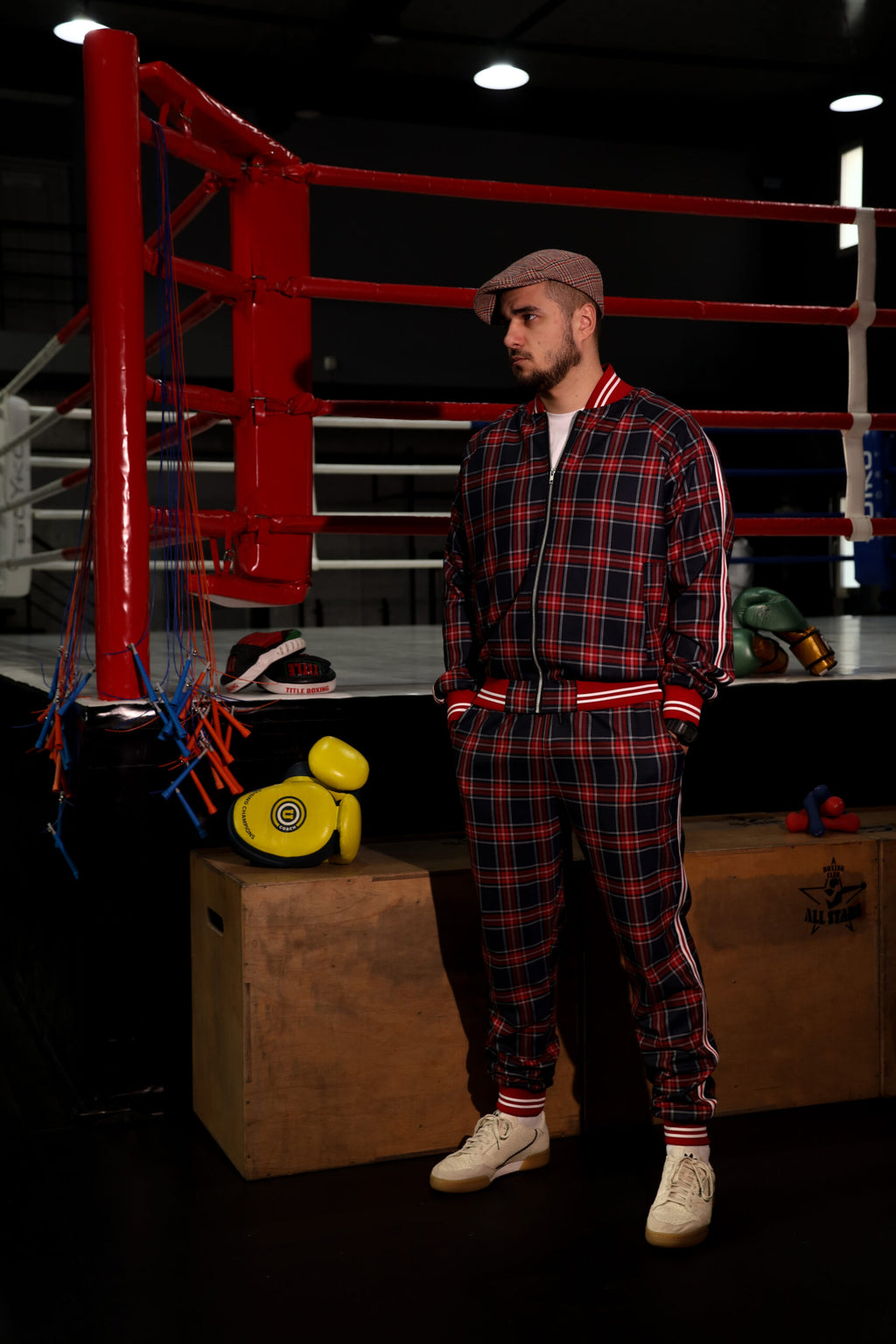 Premium Red Tartan Gentlemen Tracksuit — three-quarter front view