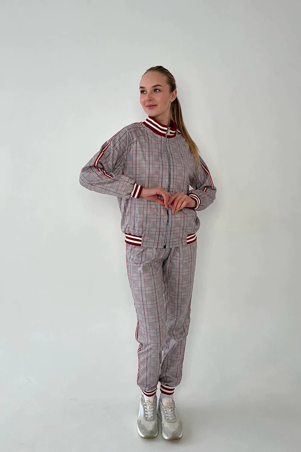 Women's Grey & Red Glen Plaid Tracksuit — front view, another angle