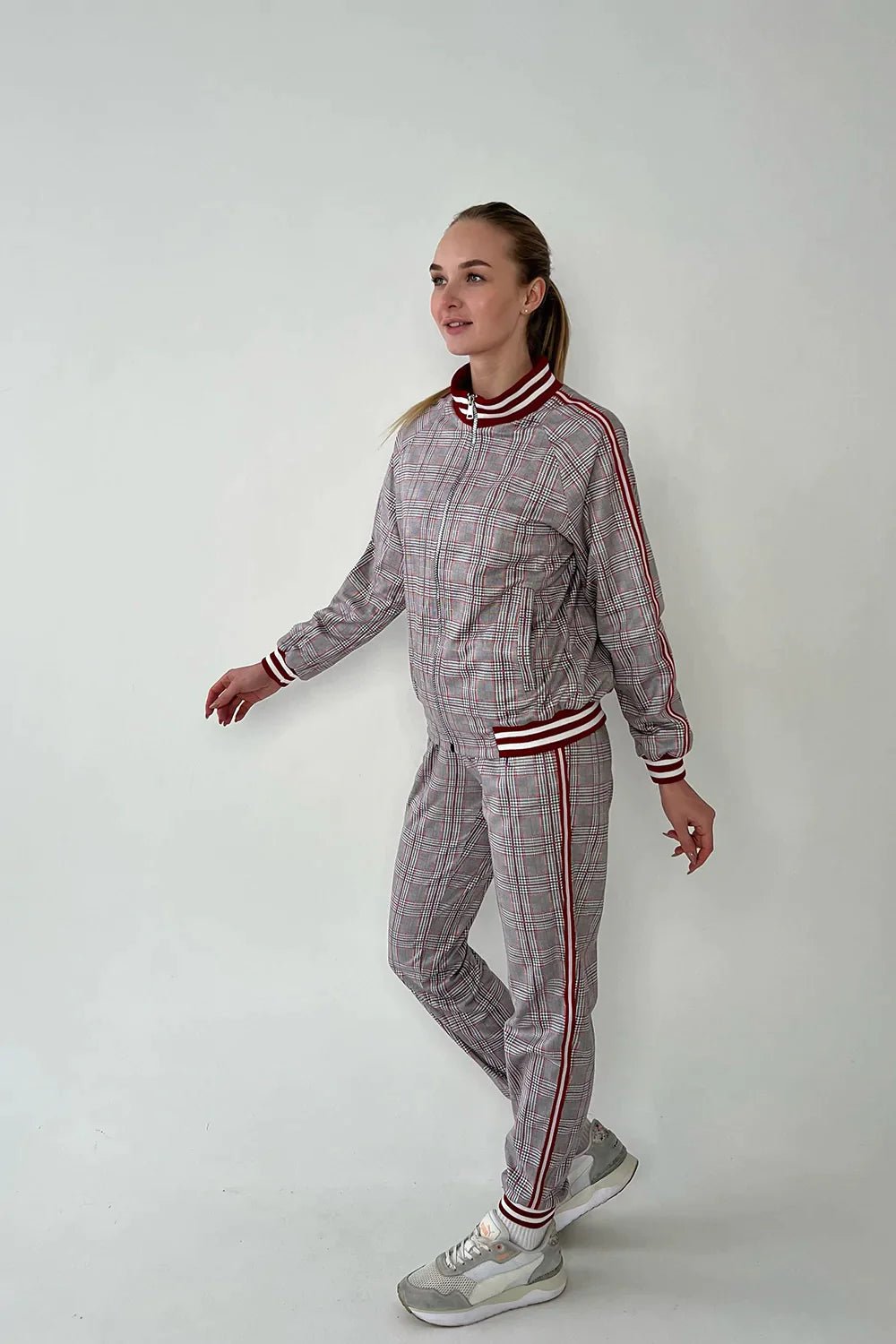 Women's Grey & Red Glen Plaid Tracksuit — three-quarter front view
