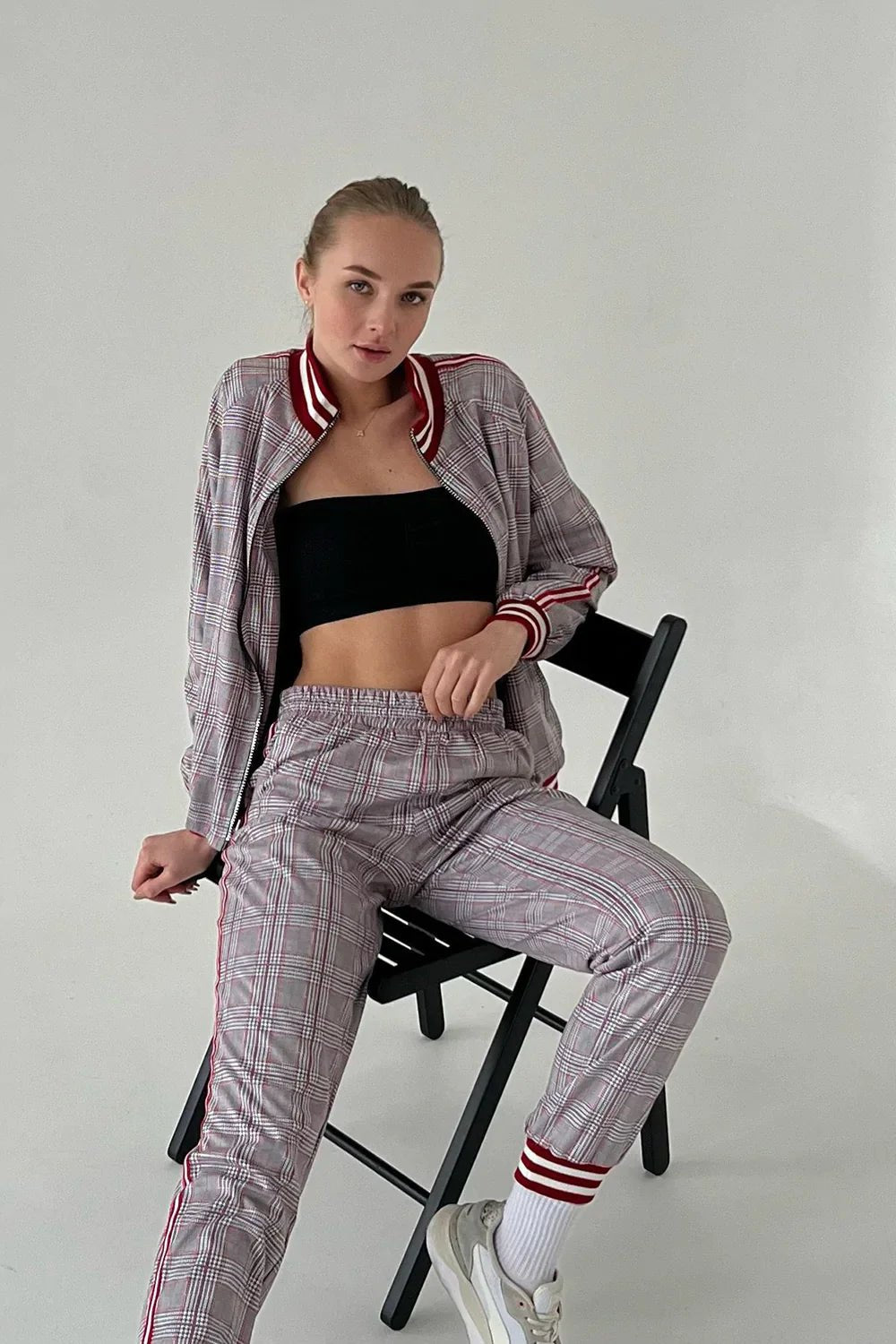 Women's Grey & Red Glen Plaid Tracksuit — seated pose