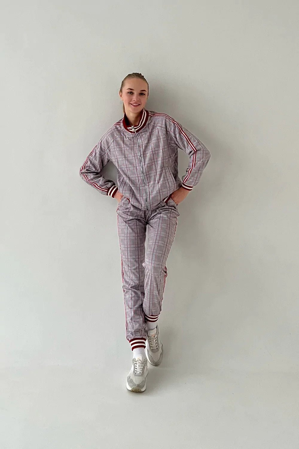 Women's Grey & Red Glen Plaid Tracksuit — glen plaid bomber jacket and joggers inspired by The Gentlemen, front view