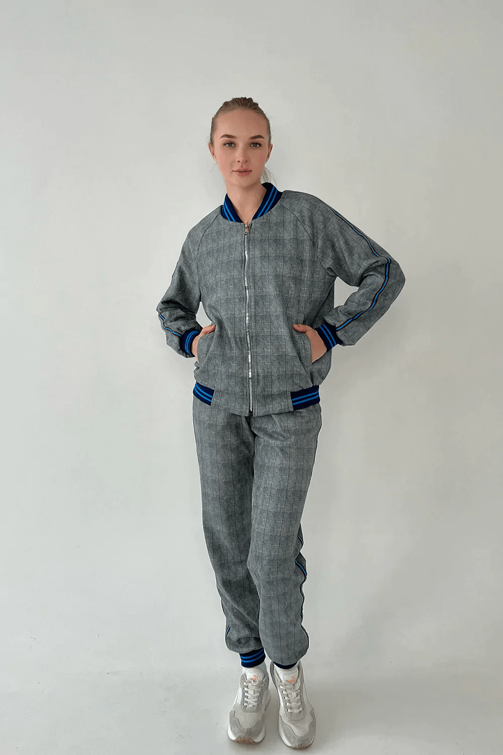 Women's Grey & Blue Glen Plaid Tracksuit — front view, another angle