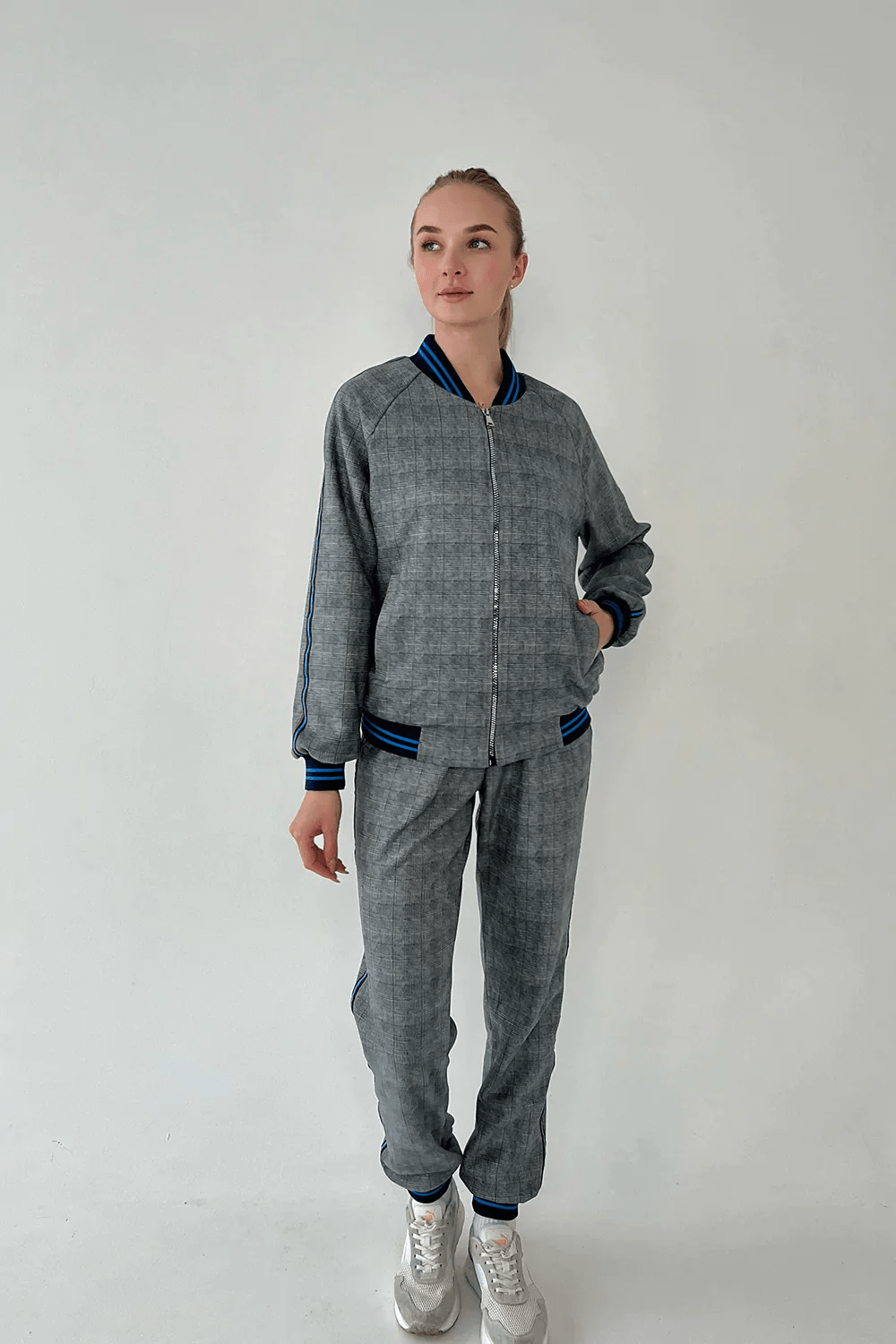 Women's Grey & Blue Glen Plaid Tracksuit — glen plaid bomber jacket and joggers inspired by The Gentlemen, front view