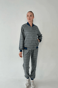 Women's Grey & Blue Glen Plaid Tracksuit — glen plaid bomber jacket and joggers inspired by The Gentlemen, front view