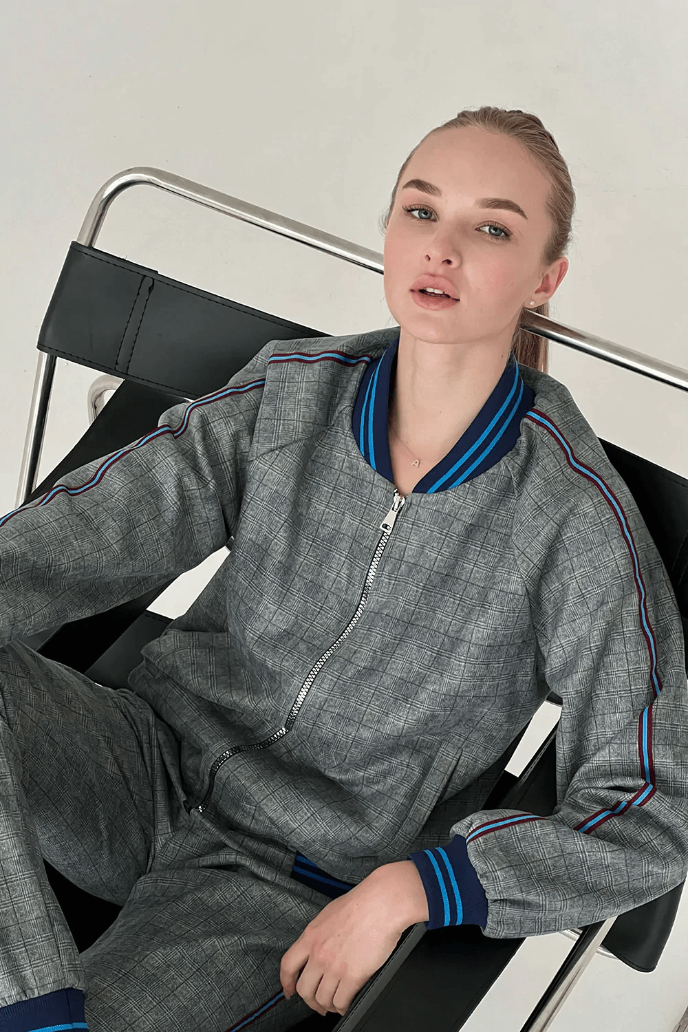 Women's Grey & Blue Glen Plaid Tracksuit — seated pose