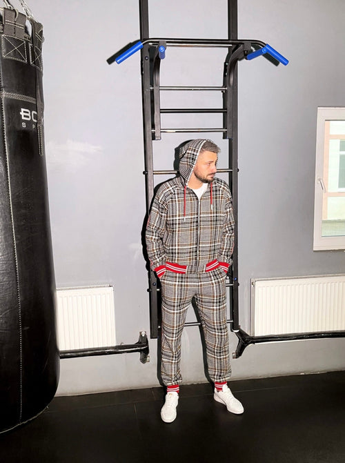 Premium Beige & Black Plaid Hooded Gentlemen Tracksuit — hood up, front view