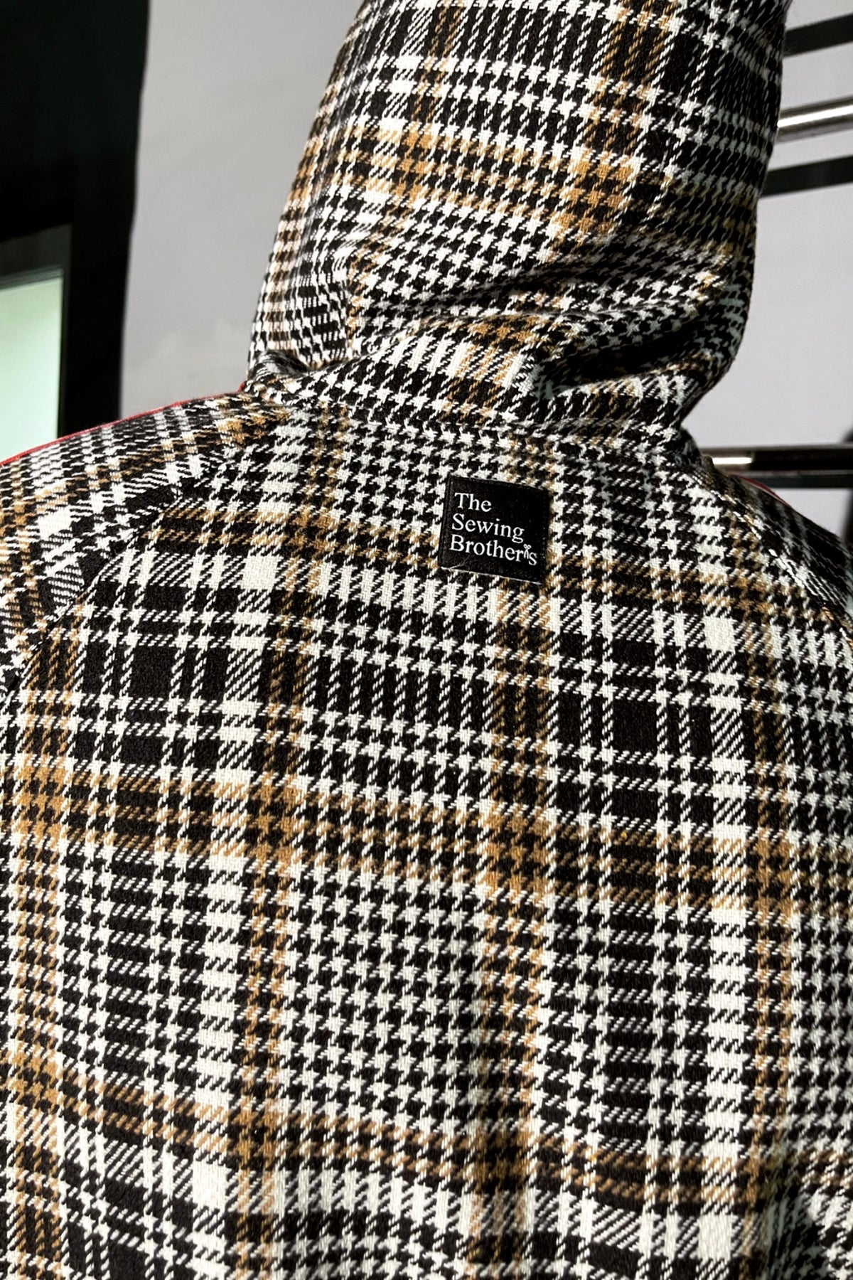 Premium Beige & Black Plaid Hooded Gentlemen Tracksuit — close-up of the hood