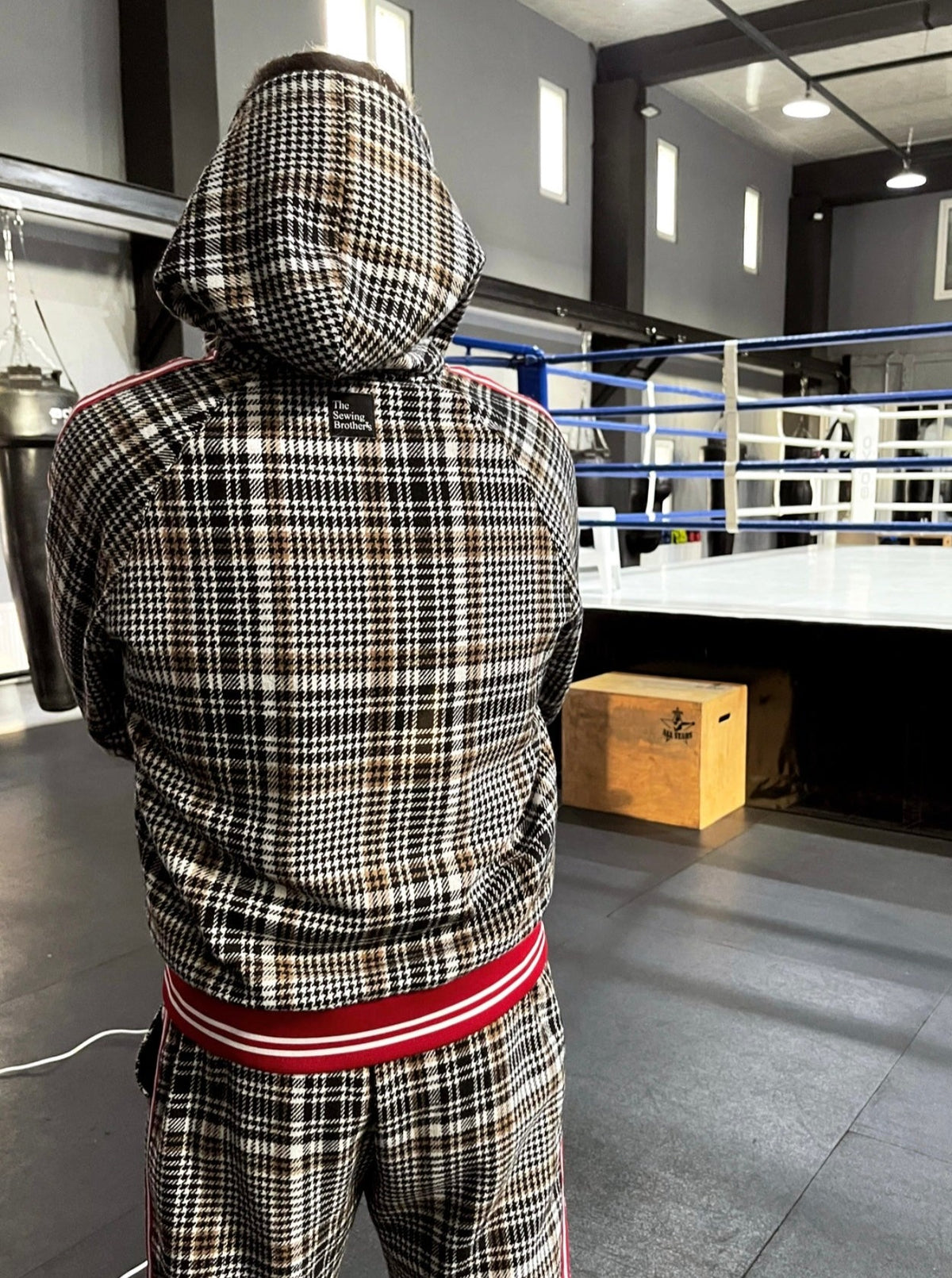 Premium Beige & Black Plaid Hooded Gentlemen Tracksuit — plaid hooded jacket and joggers, hood up, back view