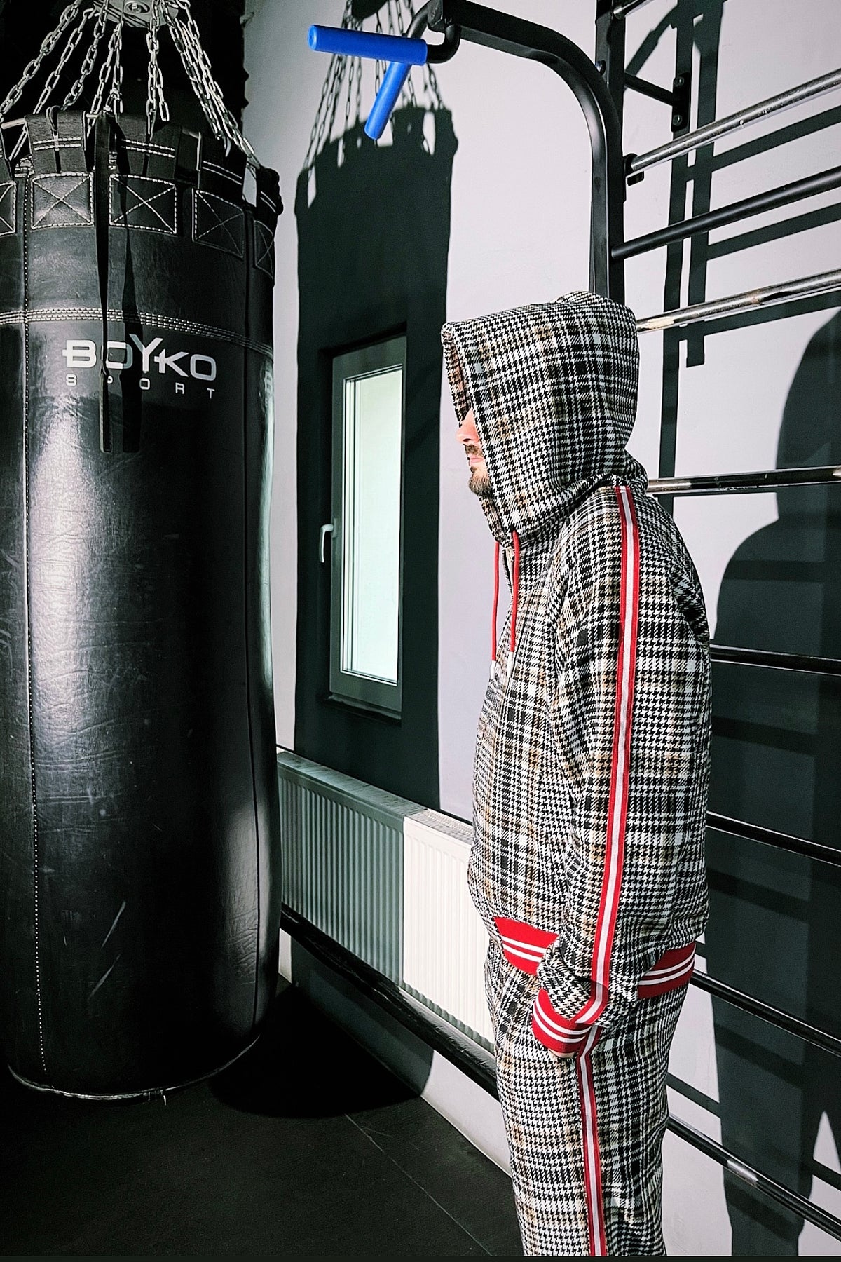 Premium Beige & Black Plaid Hooded Gentlemen Tracksuit — hood up, side view