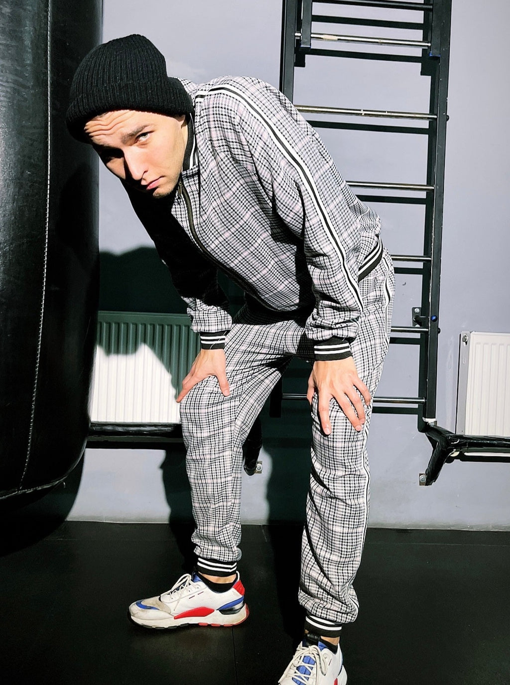 Premium Grey Houndstooth Gentlemen Tracksuit — houndstooth bomber jacket and joggers, three-quarter front view