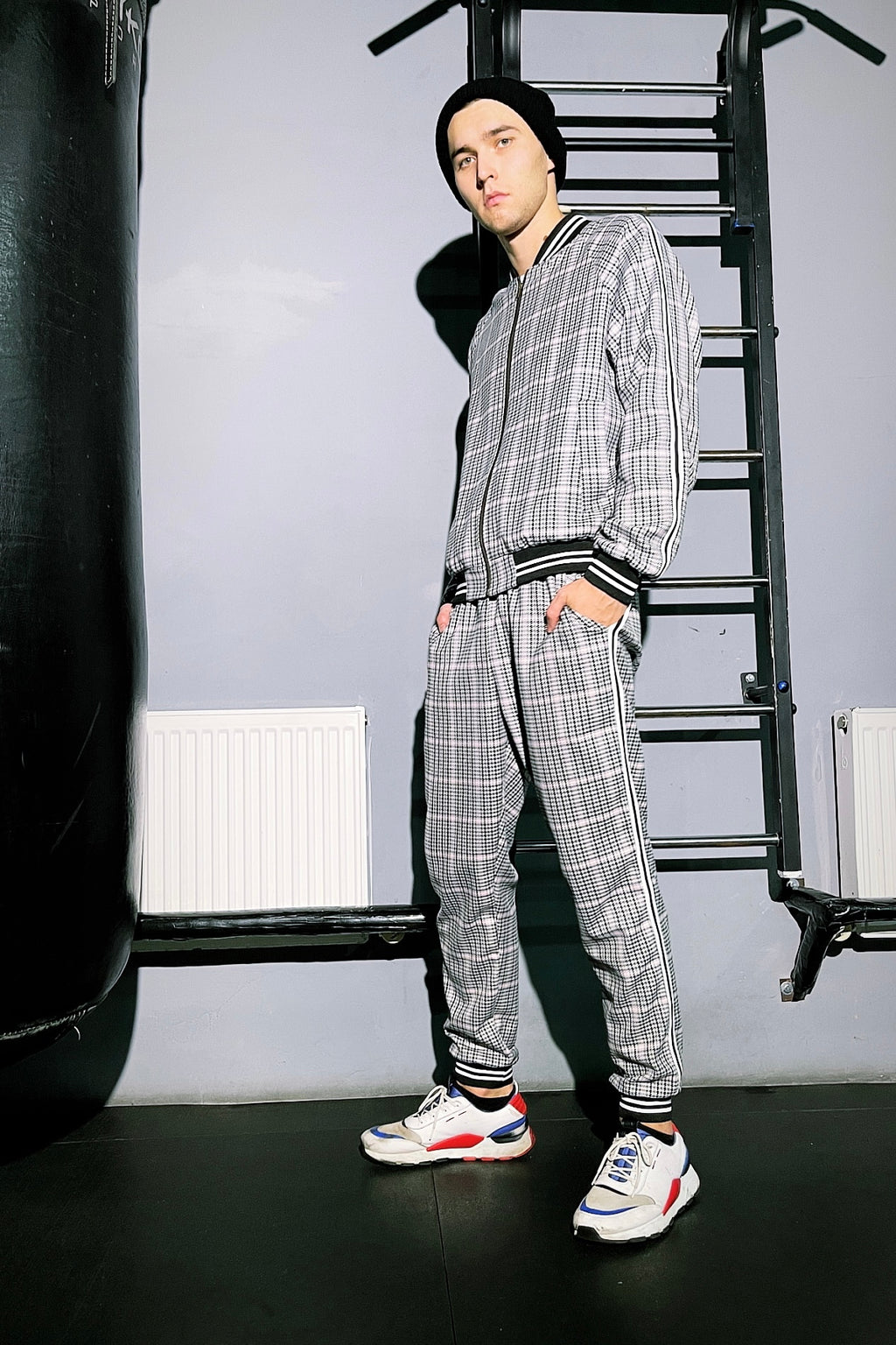 Premium Grey Houndstooth Gentlemen Tracksuit — front view