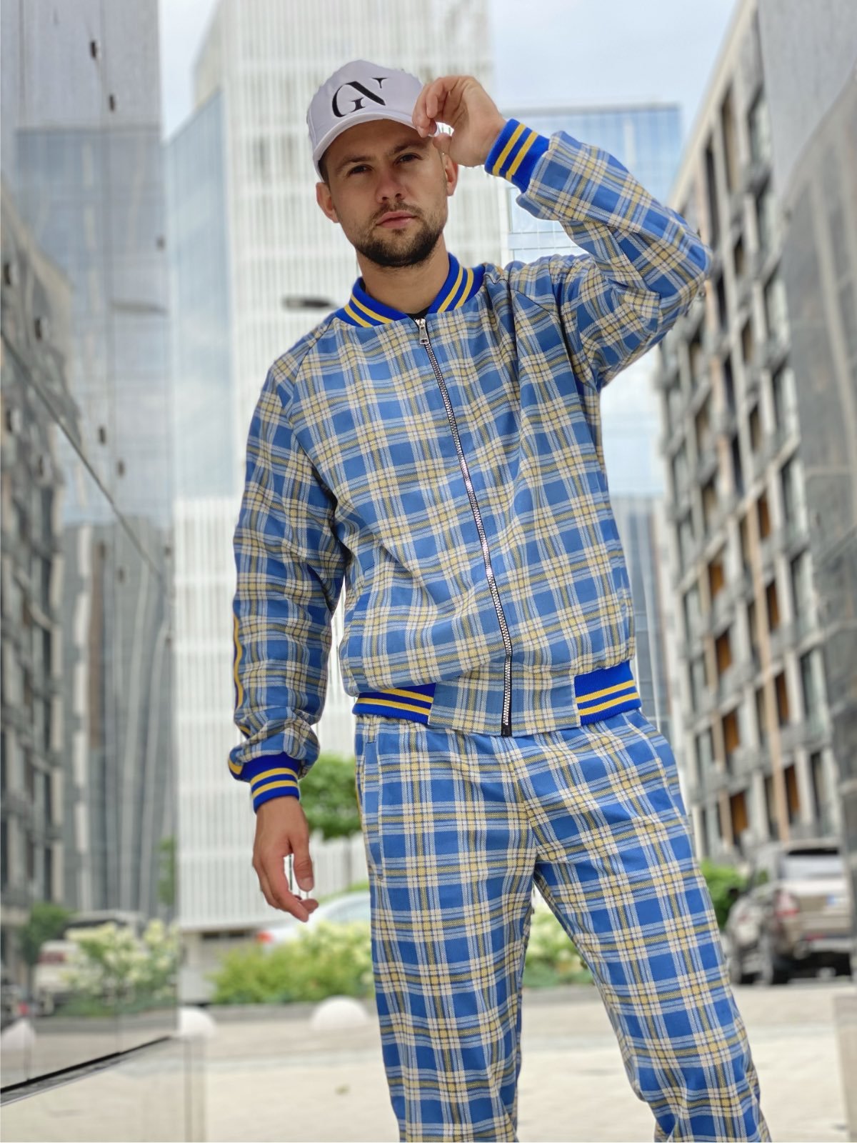 Blue Tartan Gentlemen Tracksuit — tartan bomber jacket and joggers, jacket close-up